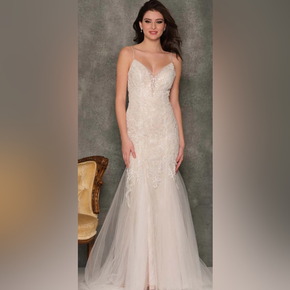 Elegant Lace with beading ivory/nude size 12 Bridal Gown.  P925
